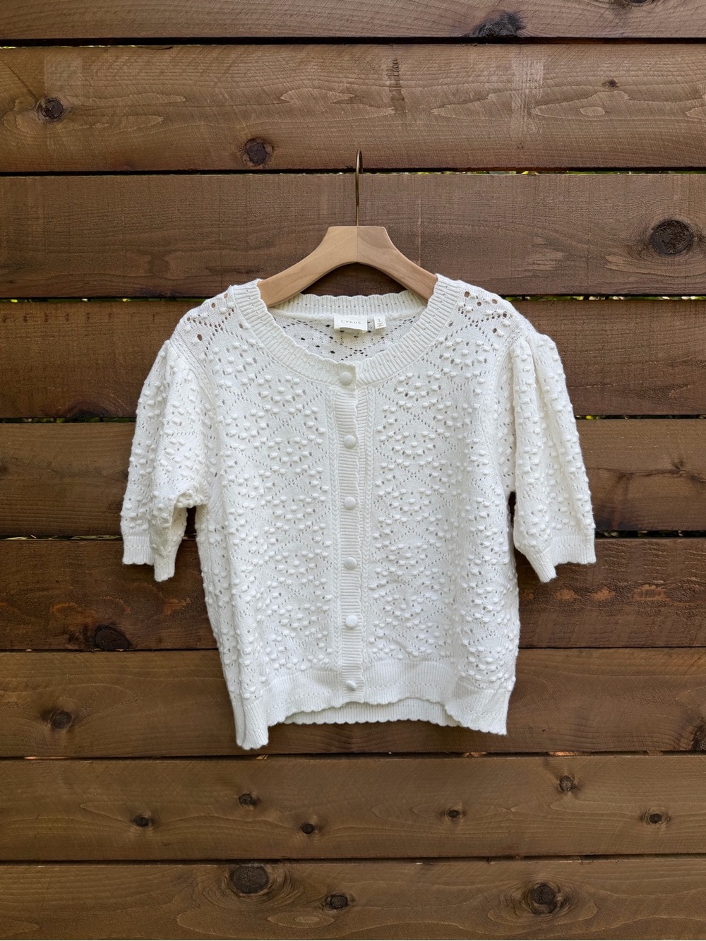 Cyrus Cream Openwork Knit Button-Up Short Sleeve Sweater Cardigan Blouse